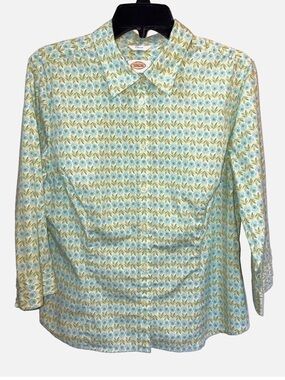 Talbots Blue Green Floral Top Large Button Front Stretch Shirt